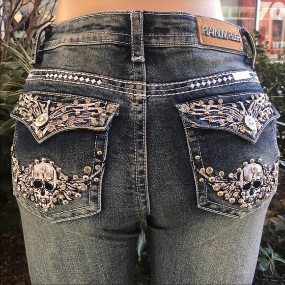 Platinum Plush Jeans Ladies Rhinestone Pocket Skull Bootcut Denim